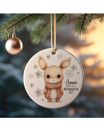 Weihnachtskugel Weihnachtsschmuck Keramik Baumanhänger personalisiert Mein erstes Weihnachten Namen Wunschname Hase Häschen Tiere Baumkugel wkp20