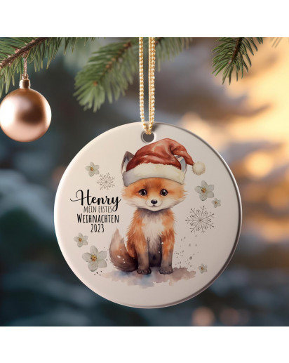 Weihnachtskugel Weihnachtsschmuck Baumhänger Baumanhänger personalisiert erstes Weihnachten Namen Wunschname Fuchs fox Weihnachten Tiere Baumkugel wkp21