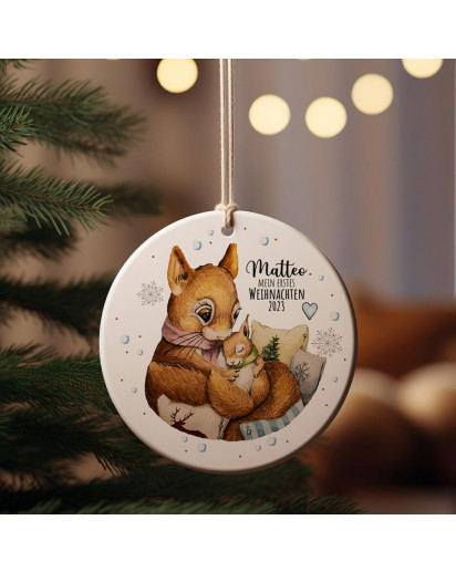 Weihnachtskugel Weihnachtsschmuck Keramik Baumanhänger personalisiert Mein erstes Weihnachten Namen Wunschname Eichhörnchen mit Baby Tiere Baumkugel wkp23