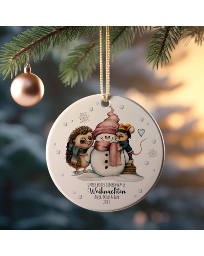 Weihnachtskugel Weihnachtsschmuck Keramik Baumanhänger personalisiert Unser erstes gemeinsames Weihnachten Namen Wunschname Schneemann Igel Maus Tiere Baumkugel wkp24