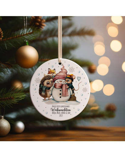 Weihnachtskugel Weihnachtsschmuck Keramik Baumanhänger personalisiert Unser erstes gemeinsames Weihnachten Namen Wunschname Schneemann Igel Maus Fuchs Tiere Baumkugel wkp25
