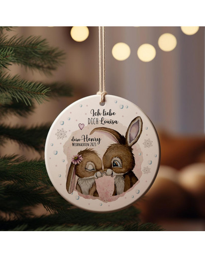 Weihnachtskugel Weihnachtsschmuck Keramik Baumanhänger personalisiert Ich liebe dich Namen Wunschname Hase Hasen Hasenpärchen Weihnachten Tiere Baumkugel wkp29