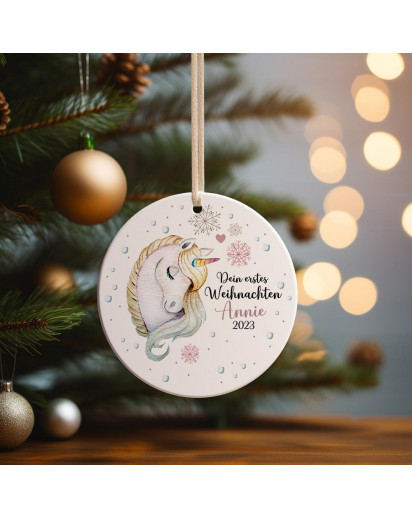 Weihnachtskugel Weihnachtsschmuck Keramik Baumhänger Baumanhänger personalisiert erstes Weihnachten Namen Wunschname Einhorn Tiere Baumkugel wkp3