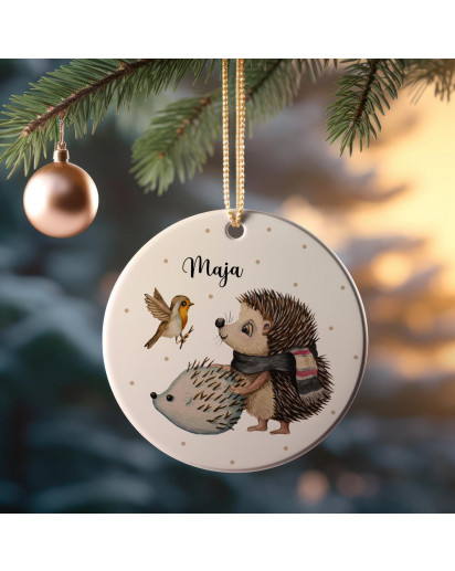 Weihnachtskugel Weihnachtsschmuck Kermik Baumanhänger Weihnachten personalisiert Namen Wunschname Igel mit Schneeigel Tiere Baumkugel wkp31