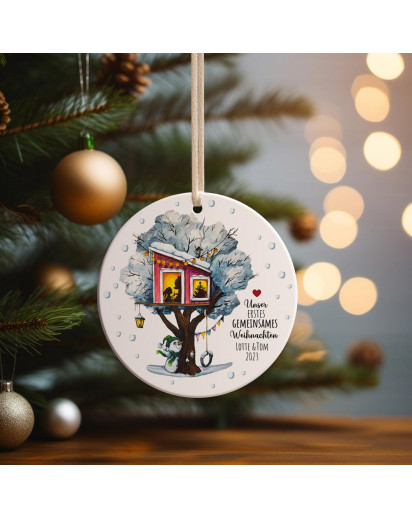 Weihnachtskugel Weihnachtsschmuck Keramik Baumanhänger personalisiert erstes gemeinsames Weihnachten Namen Wunschname Baumhaus Tiere Baumkugel wkp4