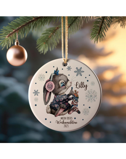 Weihnachtskugel Weihnachtsschmuck Keramik Baumanhänger Mein erstes Weihnachten personalisiert Namen Wunschname Hase mit Strumpf Tiere Baumkugel Nikolaus wkp41