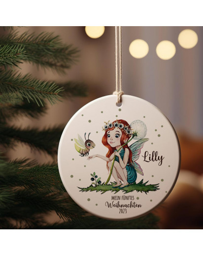 Weihnachtskugel Weihnachtsschmuck Keramik Baumanhänger Mein fünftes Weihnachten personalisiert Namen Wunschname Elfe Fee mit Glühwürmchen Tiere Baumkugel Geschenk wkp42