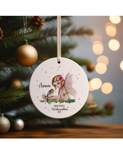 Weihnachtskugel Weihnachtsschmuck Keramik Baumanhänger Mein fünftes Weihnachten personalisiert Namen Wunschname Elfe Fee mit Vogel Tiere Baumkugel Geschenk wkp43