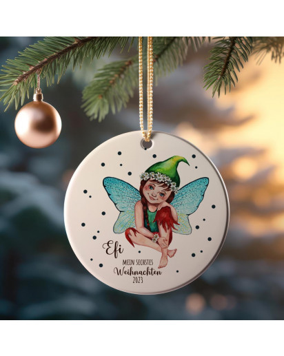 Weihnachtskugel Weihnachtsschmuck Keramik Baumanhänger Mein sechstes Weihnachten personalisiert Namen Wunschname Elfe Fee mit grüner Mütze Tiere Baumkugel wkp44