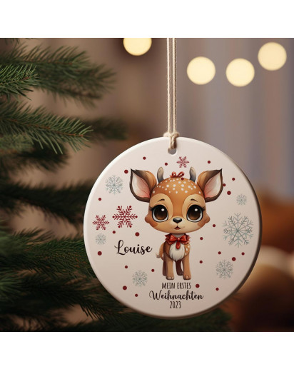 Weihnachtskugel Weihnachtsschmuck Keramik Baumanhänger Mein erstes Weihnachten personalisiert Namen Wunschname Reh Halsschleife Tiere Baumkugel Geschenk wkp47
