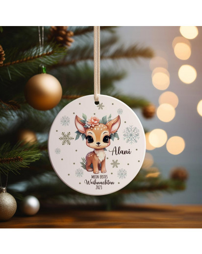 Weihnachtskugel Weihnachtsschmuck Keramik Baumanhänger Mein erstes Weihnachten personalisiert Namen Wunschname Reh mit Blümchen Tiere Baumkugel Geschenk wkp49