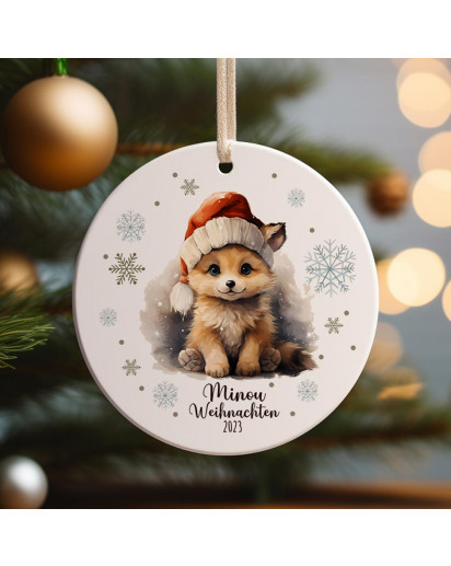 Weihnachtskugel Weihnachtsschmuck Keramik Baumanhänger Weihnachten personalisiert Namen Wunschname Fuchs mit Weihnachtsmütze Tiere Baumkugel Geschenk wkp50