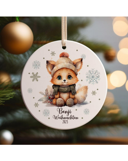 Weihnachtskugel Weihnachtsschmuck Keramik Baumanhänger Weihnachten personalisiert Namen Wunschname Fuchs mit Mütze Schal Tiere Baumkugel Geschenk wkp52