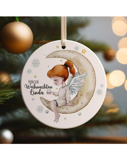 Weihnachtskugel Weihnachtsschmuck Keramik Baumanhänger Fröhliche Weihnachten personalisiert Namen Wunschname Schutzengel Engel auf Mond Baumkugel Geschenk wkp54
