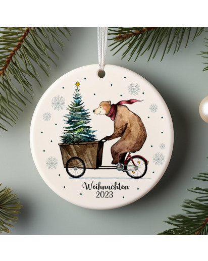 Weihnachtskugel Weihnachtsschmuck Keramik Baumanhänger Weihnachten Bär auf Fahrrad Tannenbaum Weihnachtsbaum Baumkugel Tiere Geschenk wkp55