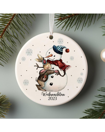 Weihnachtskugel Weihnachtsschmuck Keramik Baumanhänger Weihnachten Hase mit Schneemann Weihnachtsbaum Baumkugel Tiere Geschenk wkp56