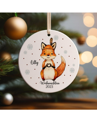 Weihnachtskugel Weihnachtsschmuck Keramik Baumanhänger Weihnachten personalisiert Namen Wunschname Fuchs Herz Baumkugel Tiere Geschenk wkp57