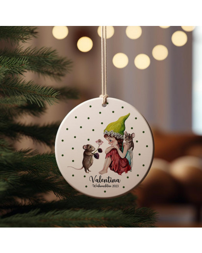 Weihnachtskugel Keramikanhänger Weihnachtsschmuck Keramik Baumanhänger Weihnachten personalisiert Namen Wunschname Elfenmädchen mit Maus Tiere Baumkugel wkp9