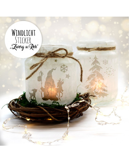 Feenlicht Feenwindlicht DIY Weihnachtsdeko Weihnachten Wichtel Rehe Winterwald Tanne Sterne Schneeflocken Lichtdeko Winter Aufkleber Glas Sticker wl3