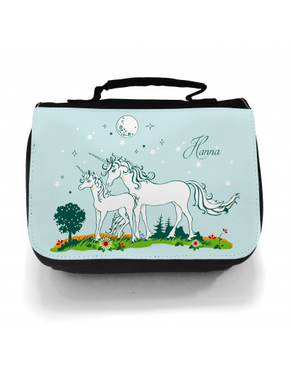 Waschtasche Kosmetiktasche Einhörner auf Weide bei Nacht Wunschname toilet bag unicorns on willow at night desired name wt005