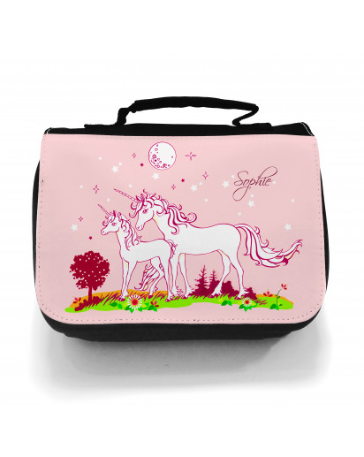 Waschtasche Kosmetiktasche Einhörner auf Weide bei Nacht Wunschname toilet bag unicorns on willow at night desired name wt006