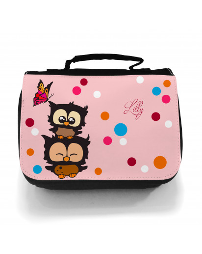 Waschtasche Kosmetiktasche Eulen mit Schmetterling Wunschname toilet bag owls with butterfly desired name wt007