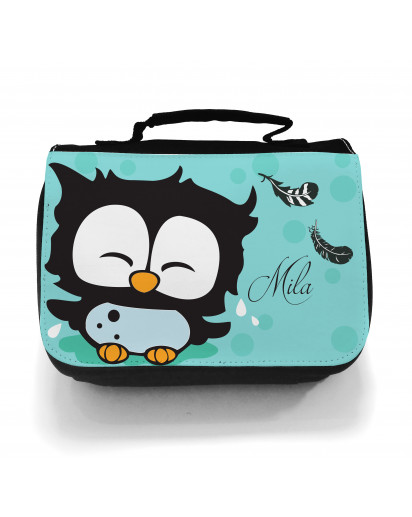 Waschtasche Kosmetiktasche Eulchen mit Federn Punkten und Wunschname toilet bag owl with feathers dots and desired name wt009