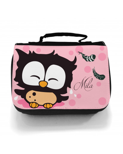 Waschtasche Kosmetiktasche Eulchen mit Federn Punkten und Wunschname toilet bag owl with feathers dots and desired name wt010