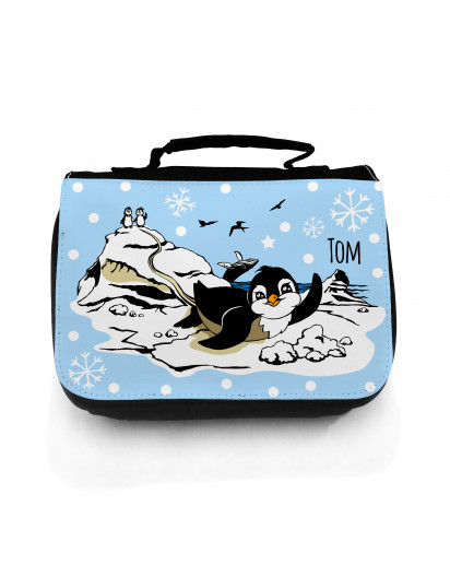 Hauptbild Waschtasche Pinguine auf Eisscholle mit Schneeflocken und Wunschname toilet bag penguins on ice floe with snowflakes and desired name wt050