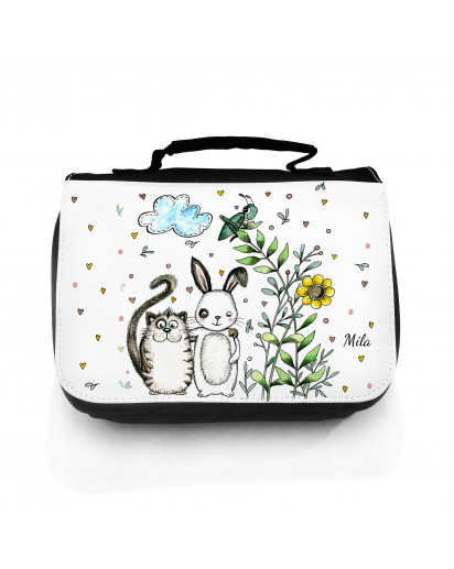 Waschtasche Waschbeutel Kulturbeutel Kosmetiktasche Reisewaschtasche Hase und Katze mit Wunschnamen wt107 Washbag toilet bag sponge bag cosmetics bag travel washbag rabbit and cat with desirable name wt107