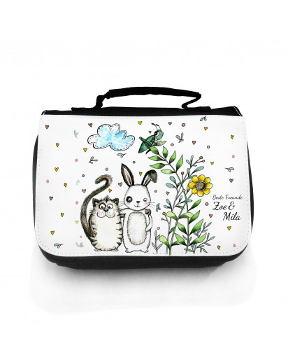 Waschtasche Waschbeutel Kulturbeutel Kosmetiktasche Reisewaschtasche 2-er Set Hase und Katze mit Wunschnamen wt107S Washbag toilet bag sponge bag cosmetics bag travel washbag Set of 2 rabbit and cat with desirable name wt107S