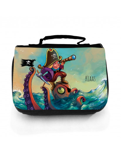 Waschtasche Waschbeutel Kulturbeutel Kosmetiktasche Reisewaschtasche Pirat auf See mit Octopus und Wunschnamen Washbag toilet bag sponge bag cosmetics bag travel washbag pirate on sea with octopus and custom name wt118