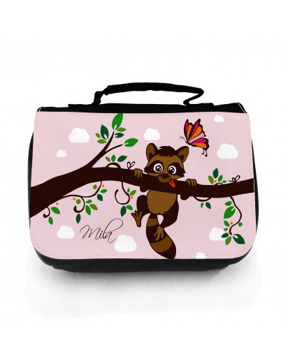 Waschtasche Waschbeutel Kulturbeutel Kosmetiktasche Reisewaschtasche Waschbär auf Ast mit Schmetterling und Wunschnamen washbag toilet bag sponge bag cosmetics bag travel washbag racoon on branch with butterfly and custom name wt121