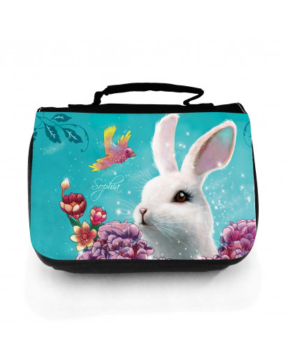 Waschtasche Waschbeutel Kulturbeutel Kosmetiktasche Reisewaschtasche Hase Häschen mit Hortensia Vogel und Wunschnamen washbag toilet bag sponge bag cosmetics bag travel washbag bunny with hortensia bird and custom name wt125