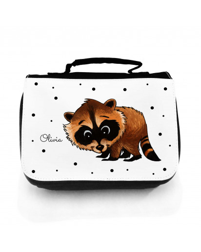 Waschtasche Waschbeutel Kulturbeutel Kosmetiktasche Reisewaschtasche Waschbär mit Punkten und Wunschnamen washbag toilet bag sponge bag cosmetics bag travel washbag raccoon with dots and desired name wt132