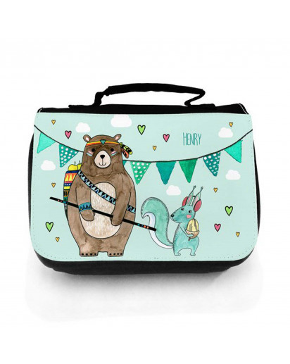 Waschtasche Waschbeutel Kulturbeutel Kosmetiktasche Reisewaschtasche Boho Bär mit Eichhörnchen und Wunschnamen washbag toilet bag sponge bag cosmetics bag travel washbag boho bear with squirrel and custom name wt137