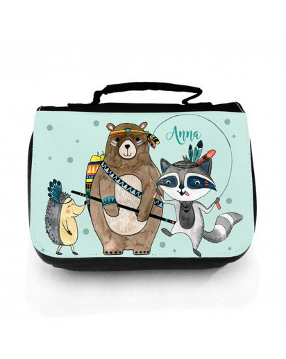 Waschtasche Waschbeutel Kulturbeutel Kosmetiktasche Reisewaschtasche Boho Bär mit Waschbär Igel und Wunschnamen washbag toilet bag sponge bag cosmetics bag travel washbag boho bear with raccoon hedgehog and custom name wt148