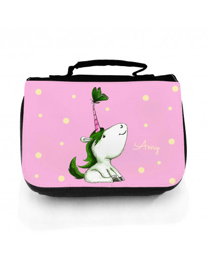 Waschtasche Waschbeutel Kulturbeutel Kosmetiktasche Reisewaschtasche Einhorn pink grün mit Schmetterling und Wunschnamen washbag toilet bag sponge bag cosmetics bag travel washbag unicorn pink green with butterfly and custom name wt149