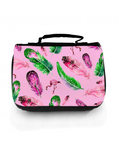 Waschtasche Waschbeutel Kulturbeutel Kosmetiktasche Reisewaschtasche Federn mit Flamingo pink grün washbag toilet bag sponge bag cosmetics bag travel washbag feathers with flamingo pink green wt150