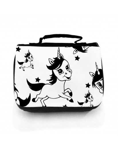 Waschtasche Waschbeutel Kulturbeutel Kosmetiktasche Reisewaschtasche Einhörner und Sterne schwarz weiß Washbag toilet bag sponge bag cosmetics bag travel washbag unicorns and stars black white wt151