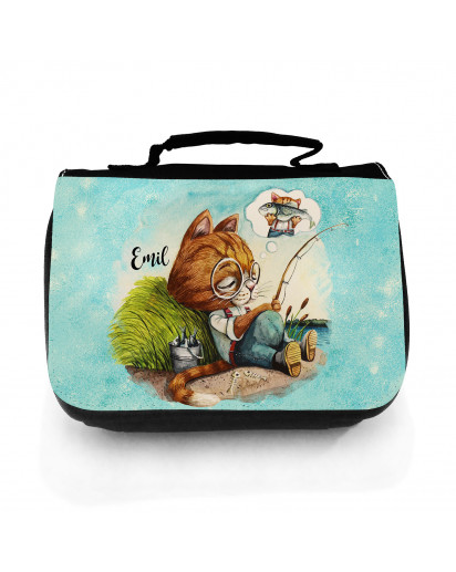 Waschtasche Waschbeutel träumender Kater Katze Kätzchen Angelkater Angel Kulturbeutel Kosmetiktasche Reisewaschtasche individuellem Wunschnamen wt219