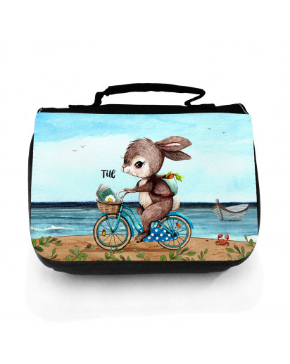 Waschtasche Waschbeutel Hase Häschen auf Fahrrad Kulturbeutel Kosmetiktasche Reisewaschtasche individuellem Wunschnamen wt226