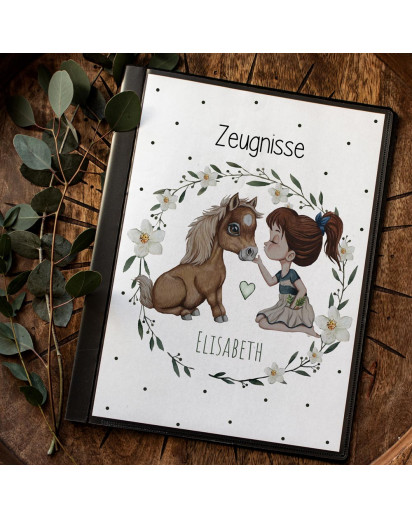 Zeugnismappe 10er 20er Hülle Deckblatt A4 Mädchen mit Pony Pferd personalisierbar Schulanfang Schulanfänger Einschulung Wunschname Name zm54
