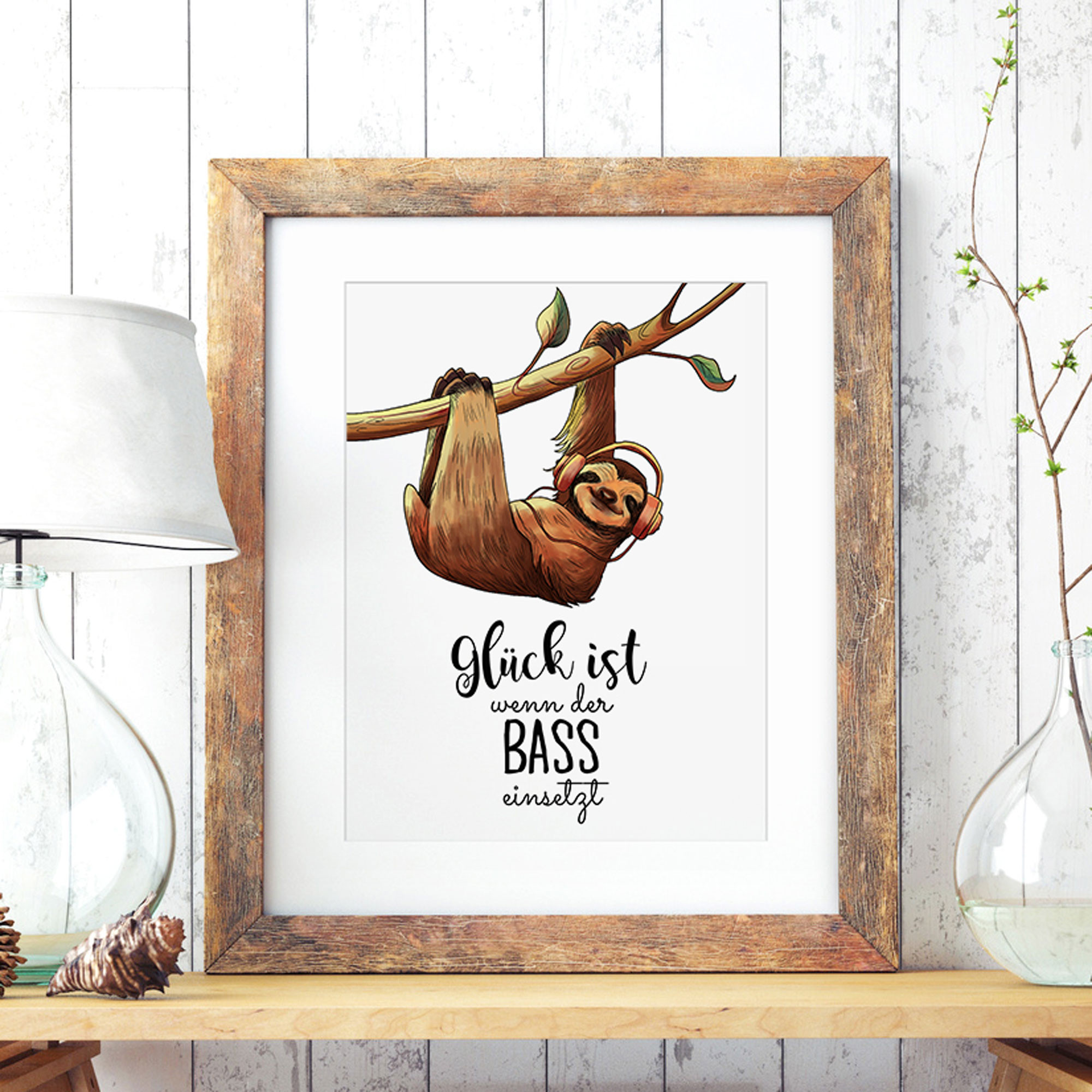 A3 Print Illustration Poster Plakat Faultierplakat Faultier auf Ast mit