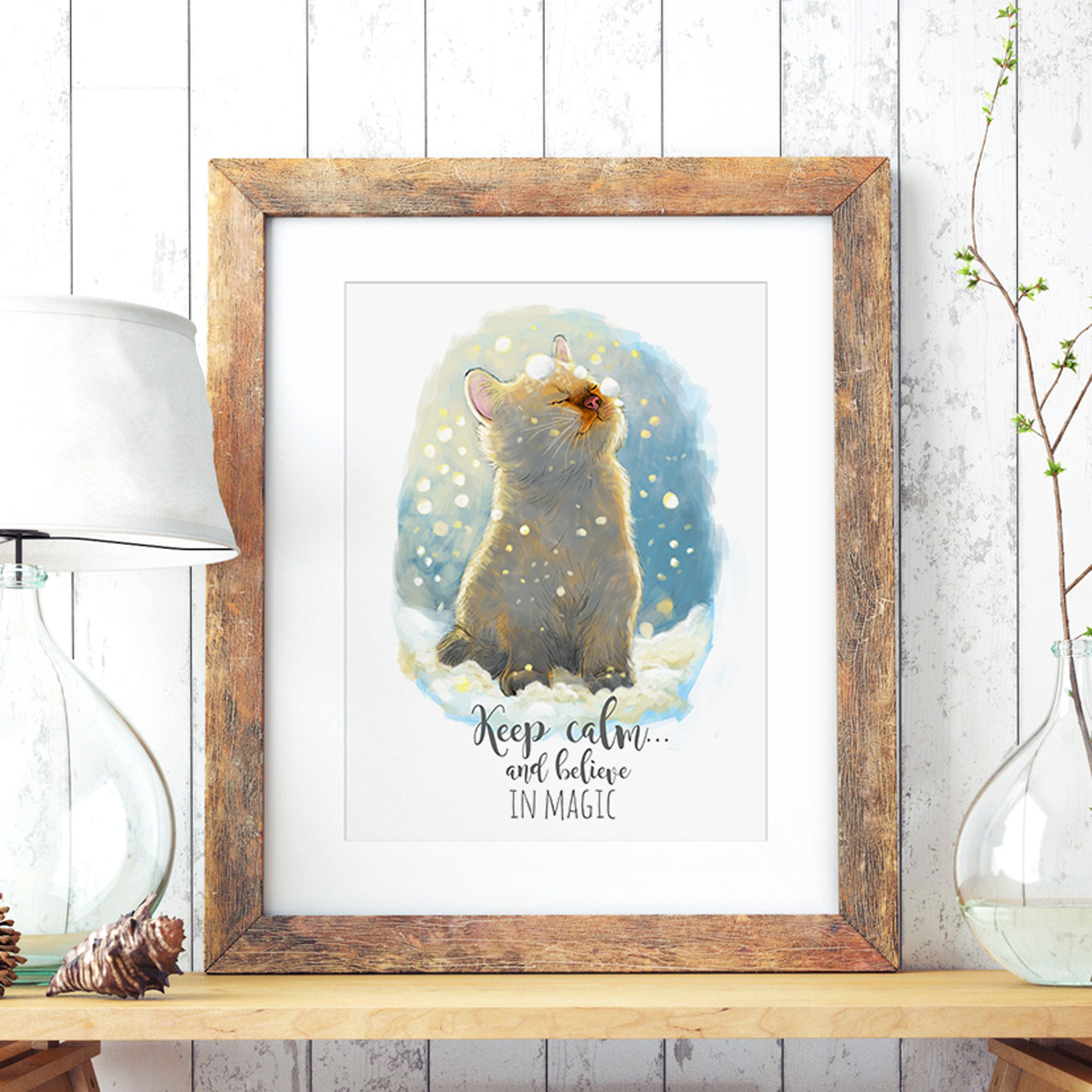 A3 Print Illustration Poster Plakat Katzenposter Katze Im Winter Mit Schnee Schneeflocken Und Spruch Zitat Keep Calm And Believe In Magic P57 Wandtattoos Elfentur Tassen