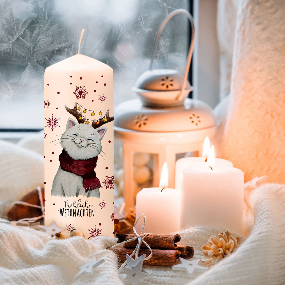 Adventskerze Kerze Advent Winter Katze Kätzchen mit Geweih Spruch