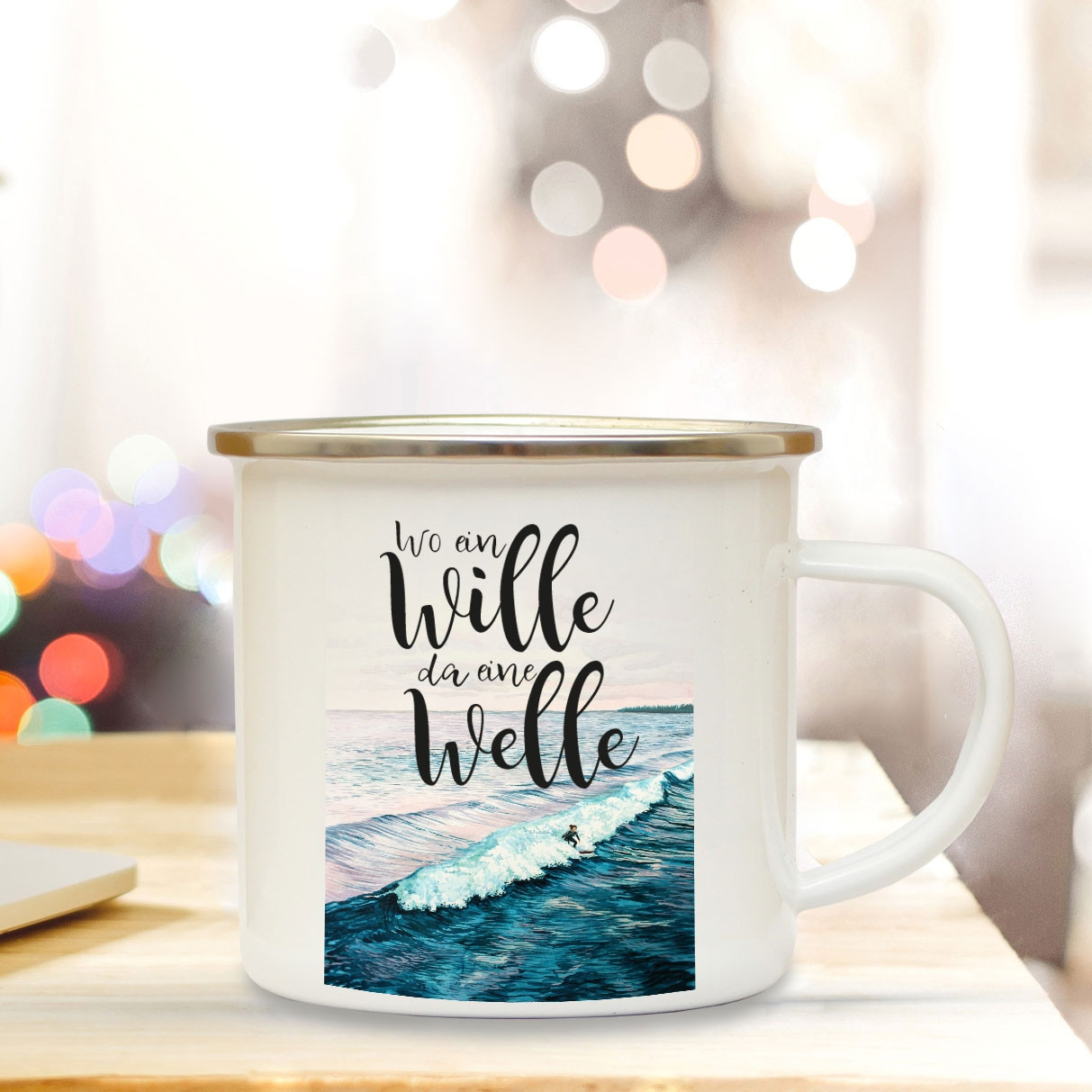 Emaille Becher Camping Tasse Meer Surfer Mit Spruch Motto Wo Ein Wille Da Eine Welle Kaffeetasse Zitat Geschenk Eb156 Wandtattoos Elfentur Tassen
