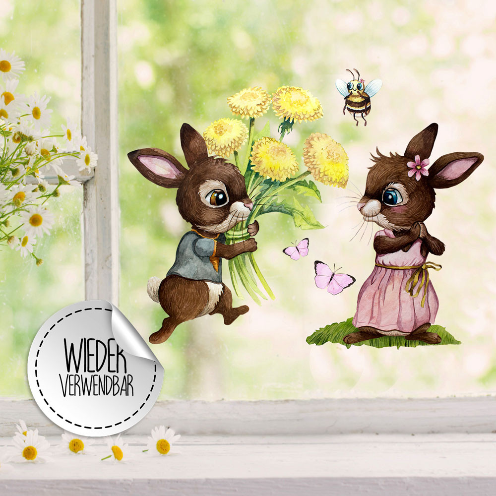 Fensterbild Hase Häschen Hasenpärchen Schmetterlinge wiederverwendbar