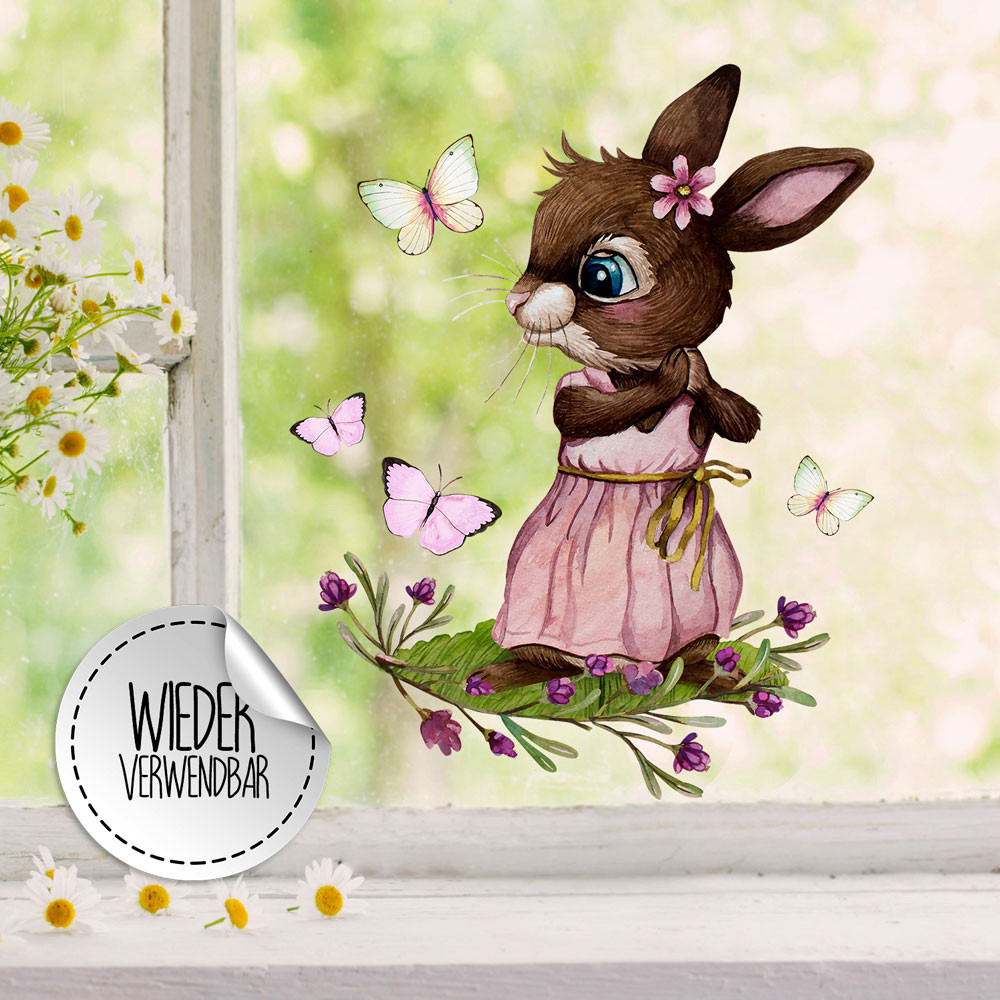 Fensterbild rosa Hase Häschen Schmetterlinge -wiederverwendbar