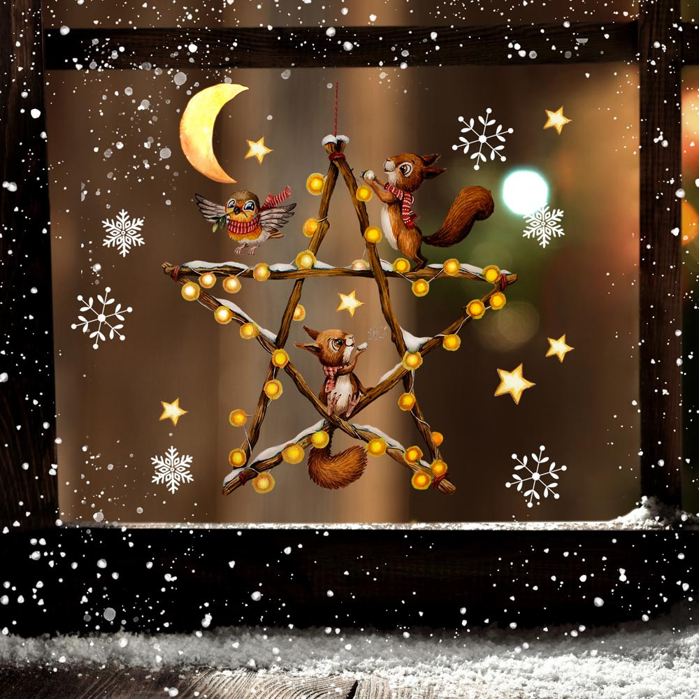 Fensterbild Weihnachtsdeko Weihnachten Weihnachtsstern Eichhrnchen  Schneeflocken Sterne wiederverwendbar Winter Fensterdeko Fensterbilder  Kinder Zimmer bf191 ~ Wandtattoos Elfentr, Tassen